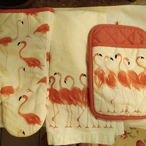 Kate Spade Flamingo Kitchen Linen Set - Orange and Cream